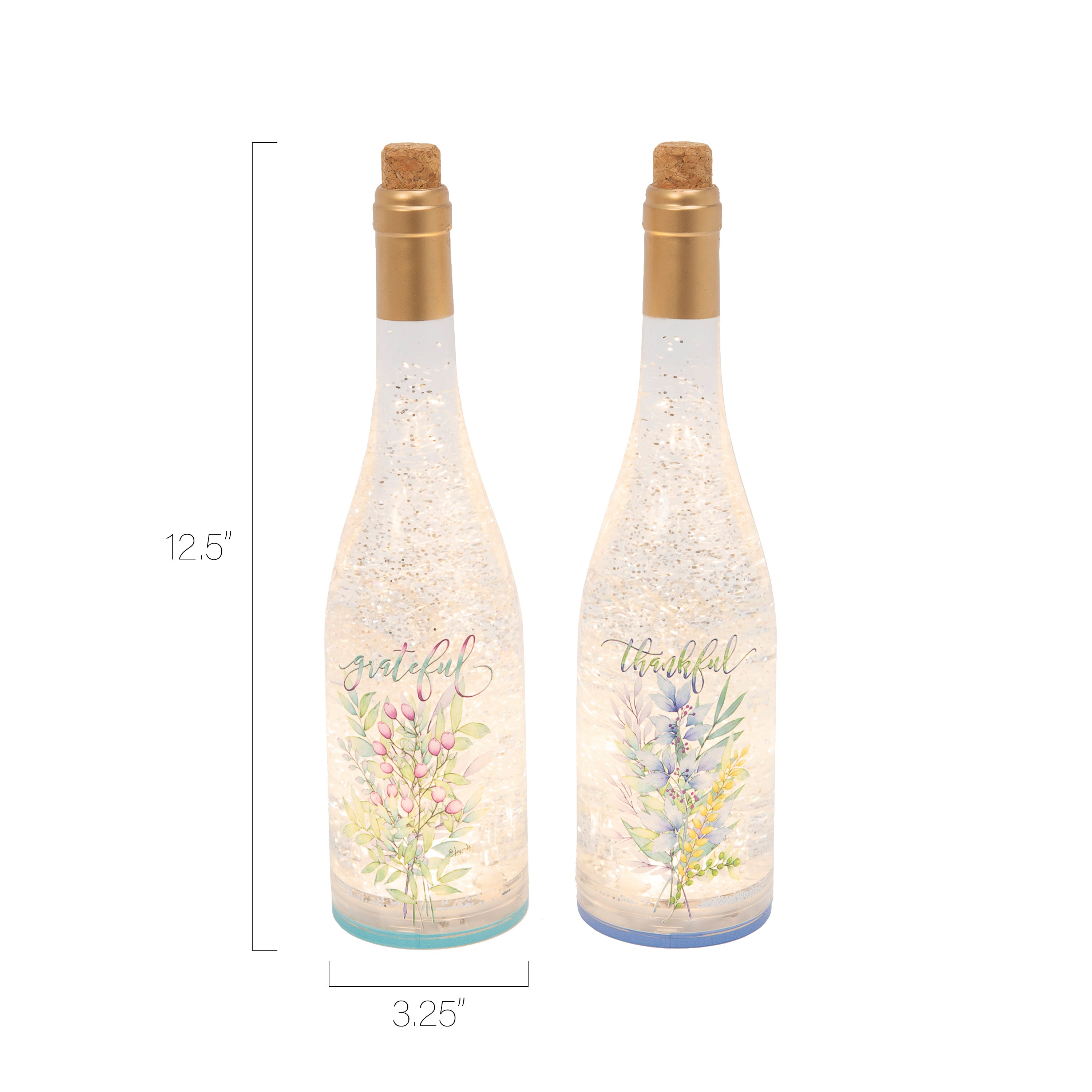 12.5 Inch Lighted Spinning Water Globe Bottles with Gathered Greens Design and Timer Set of 2